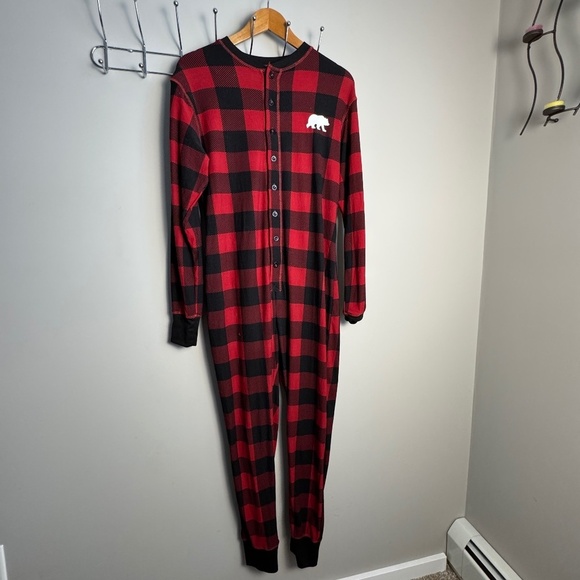Fammy Jammies Velour Plaid One Piece Button Front Pajamas Medium Polar Bear Butt - Picture 1 of 14